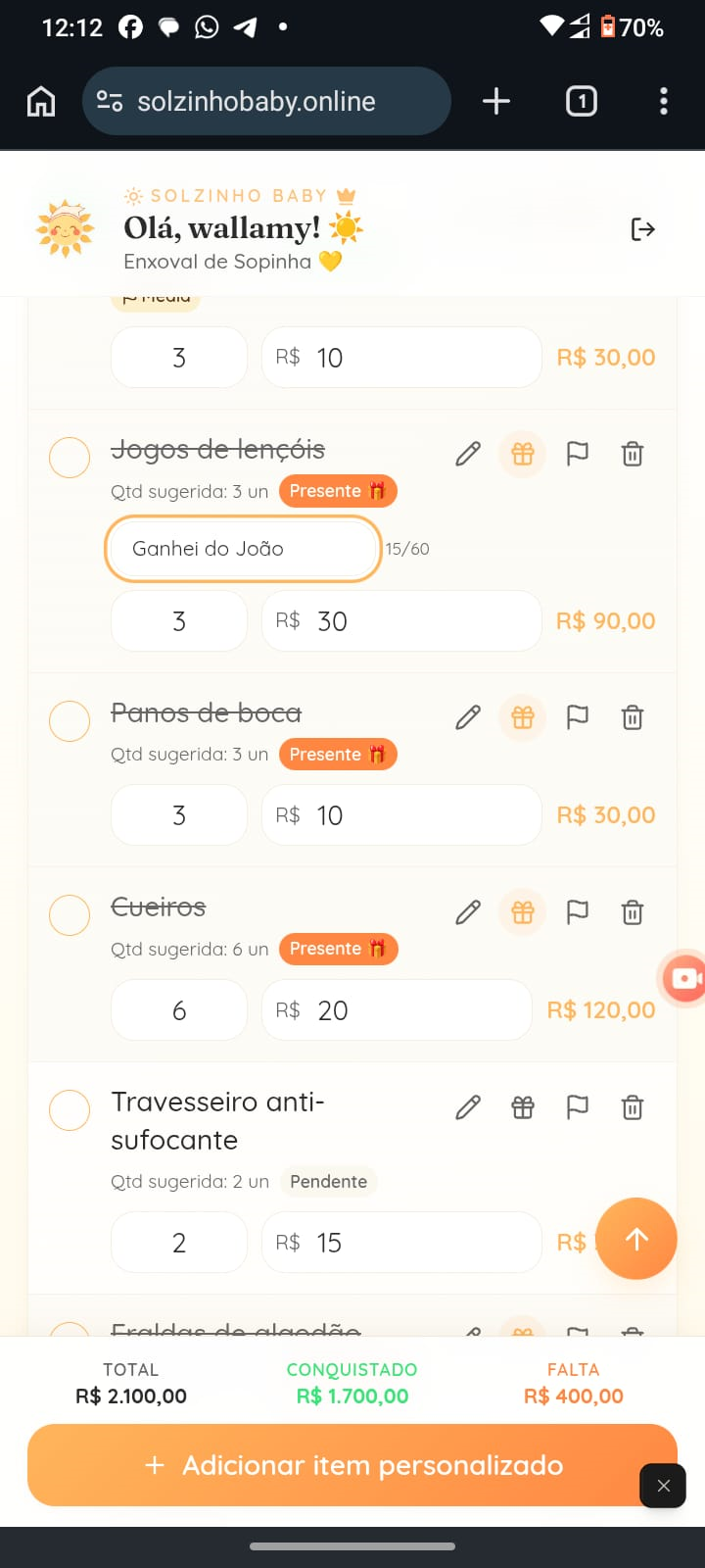 Tela de itens presenteados